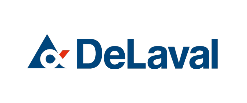 The DeLaval company logo featuring the brand name with a triangular blue icon and a red accent.