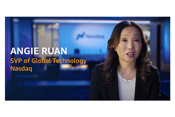 Text overlay reads "Angie Ruan, SVP of Global Technology, Nasdaq" against a blurred office background.