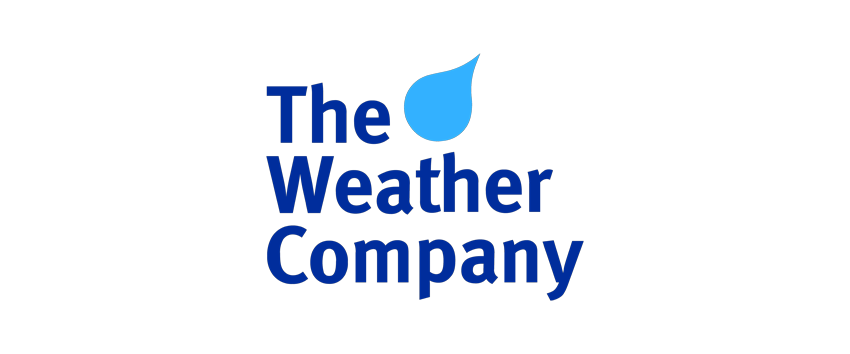 Logo of The Weather Company featuring blue text and a water droplet graphic above the company name.