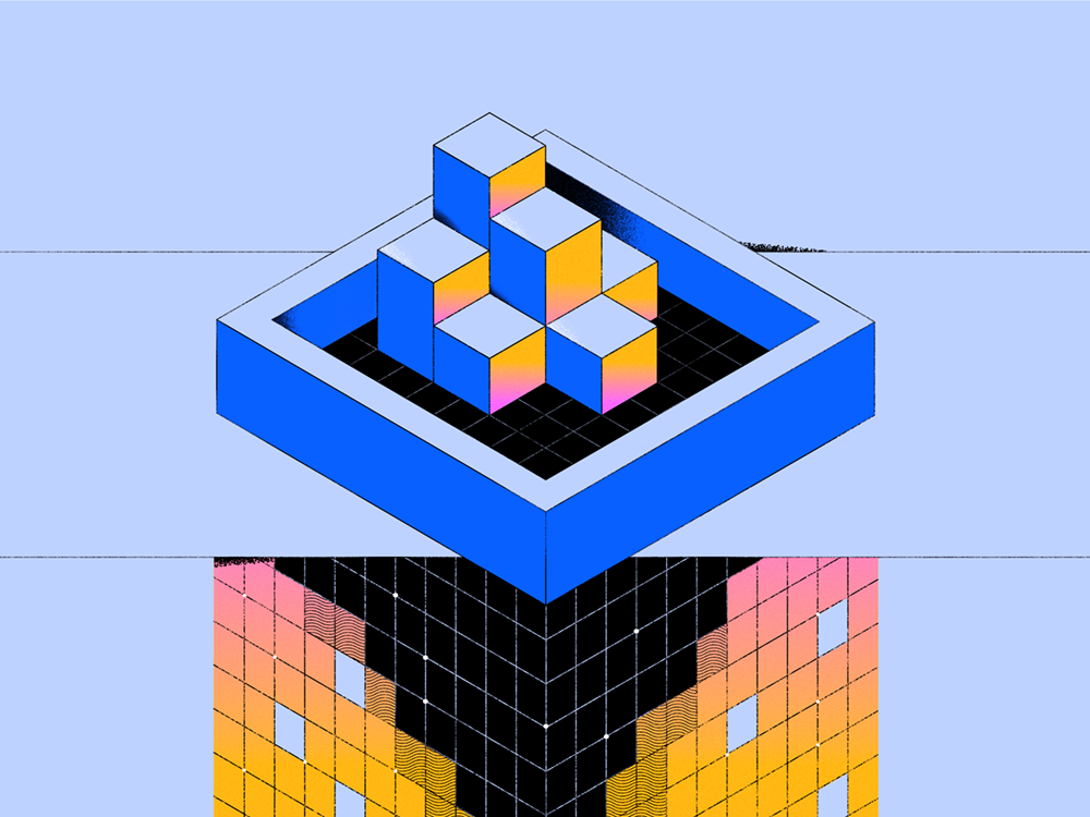 An abstract illustration featuring stacked blue and orange gradient blocks within a blue square frame, with a reflection or extension below. The design represents modularity or building blocks, commonly used in AWS and cloud computing visualizations.