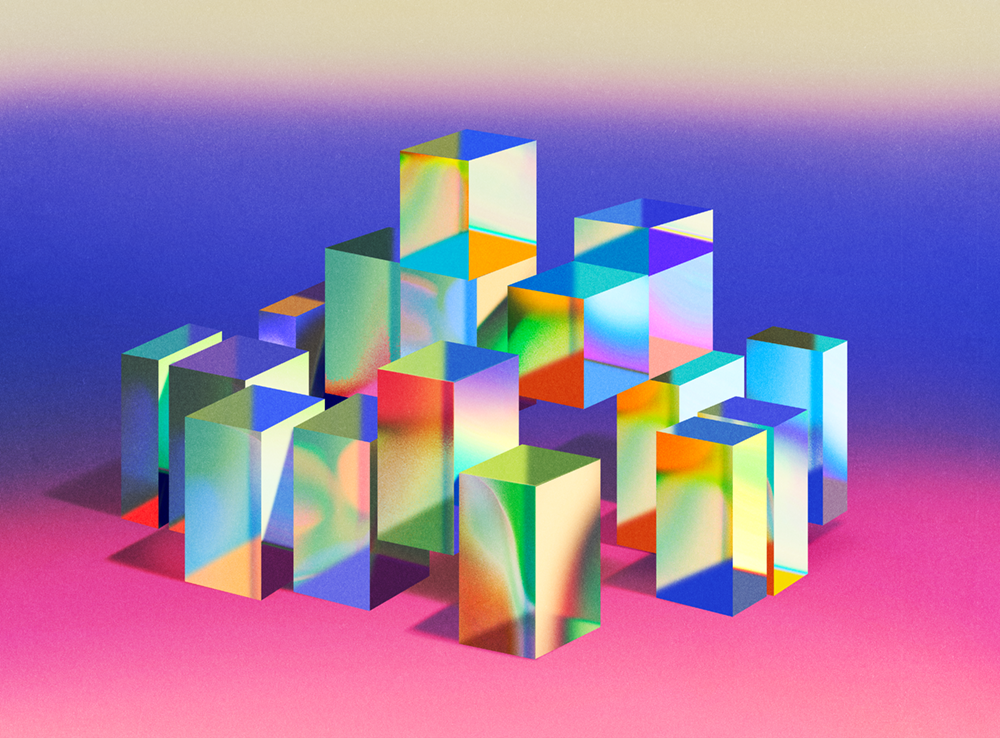 An abstract digital illustration featuring a group of colorful, stacked rectangular blocks set against a gradient background with shades of blue, pink, and beige. The blocks display vibrant, swirling gradients and reflective surfaces, creating a modern and visually striking effect.