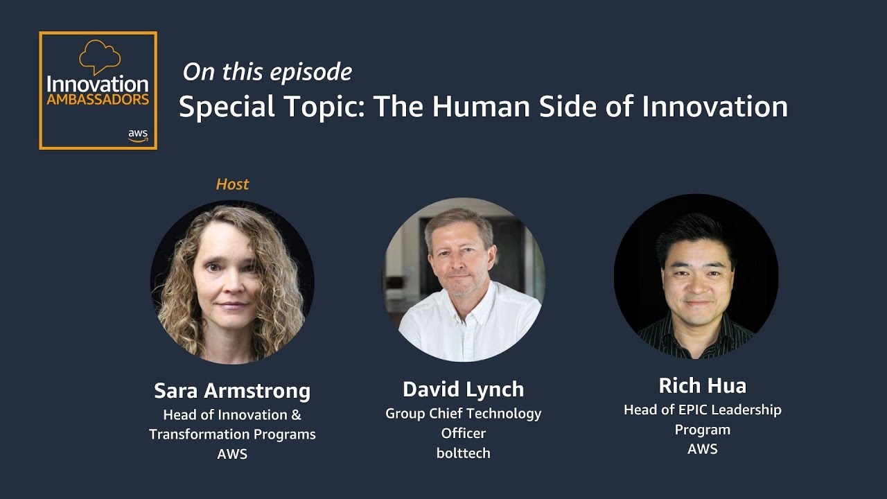 YouTube thumbnail for the AWS Innovation Ambassadors podcast episode 'Special Topic: The Human Side of Innovation,' featuring host Sara Armstrong, David Lynch, and Rich Hua.
