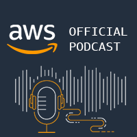AWS Official Podcast logo featuring a microphone with headphones, sound waves, and the AWS branding on a dark background.