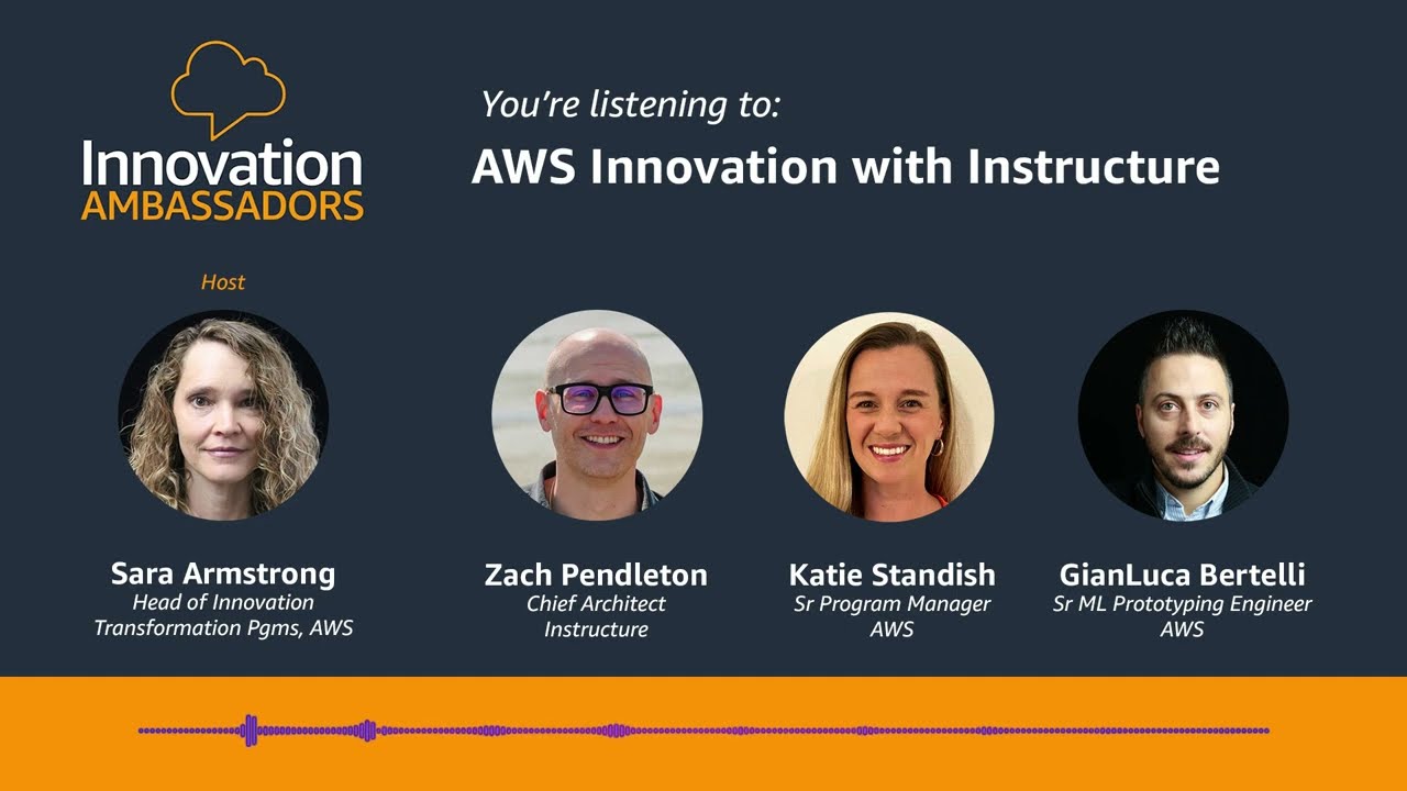 YouTube thumbnail for the AWS Innovation Ambassadors podcast episode titled 'AWS Innovation with Instructure', featuring headshots of the host and guests from AWS and Instructure, with names and titles displayed.