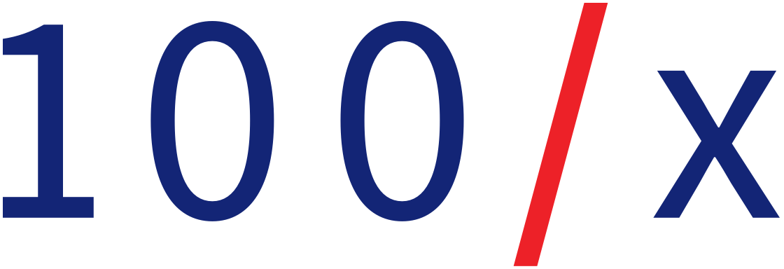 Logo for 100x Group featuring blue numerals '100' and letter 'x' with a red slash separating them, on a transparent background.