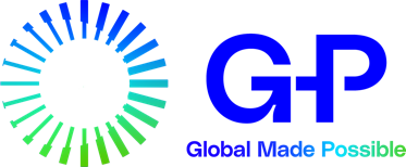 Logo for GP Global Made Possible featuring a circular graphic with radiating lines and the text 'GP Global Made Possible' in blue and green.