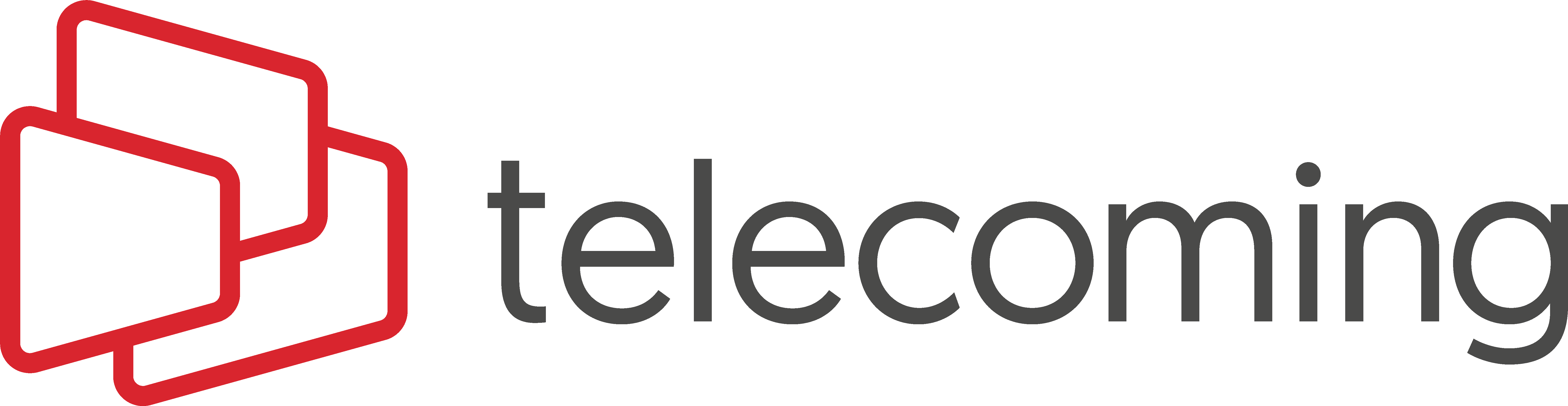 Telecoming company logo featuring a red and black design with overlapping shapes and the word 'telecoming' in modern lowercase font.