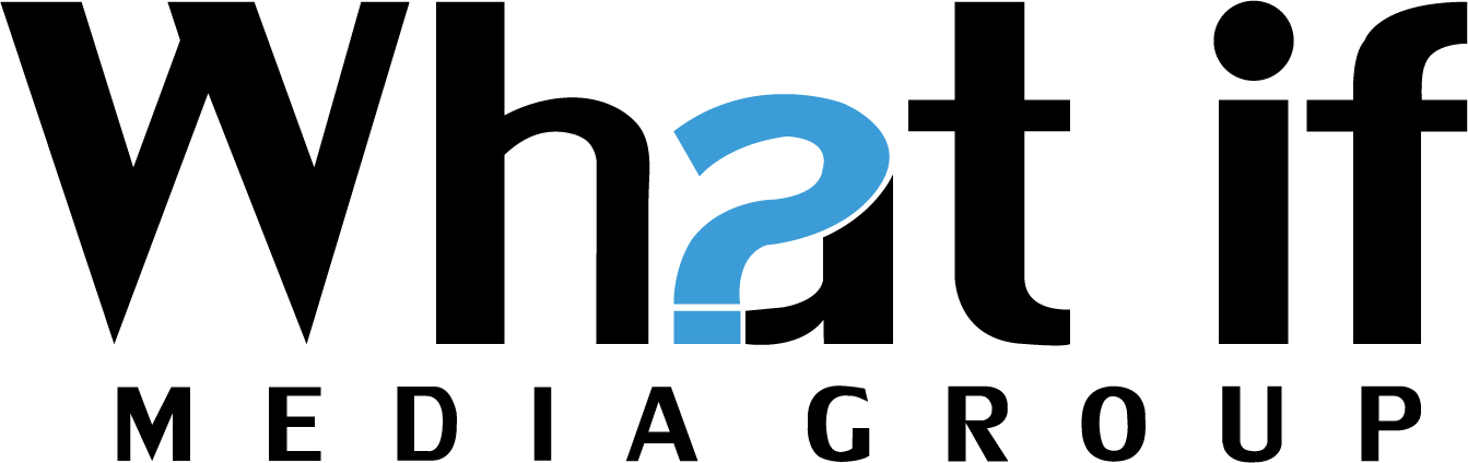 Logo for What If Media Group featuring the company name with a stylized blue question mark as part of the word 'What'.