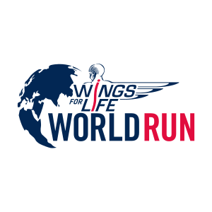 Logo for the Wings for Life World Run, featuring a globe graphic and stylized text.