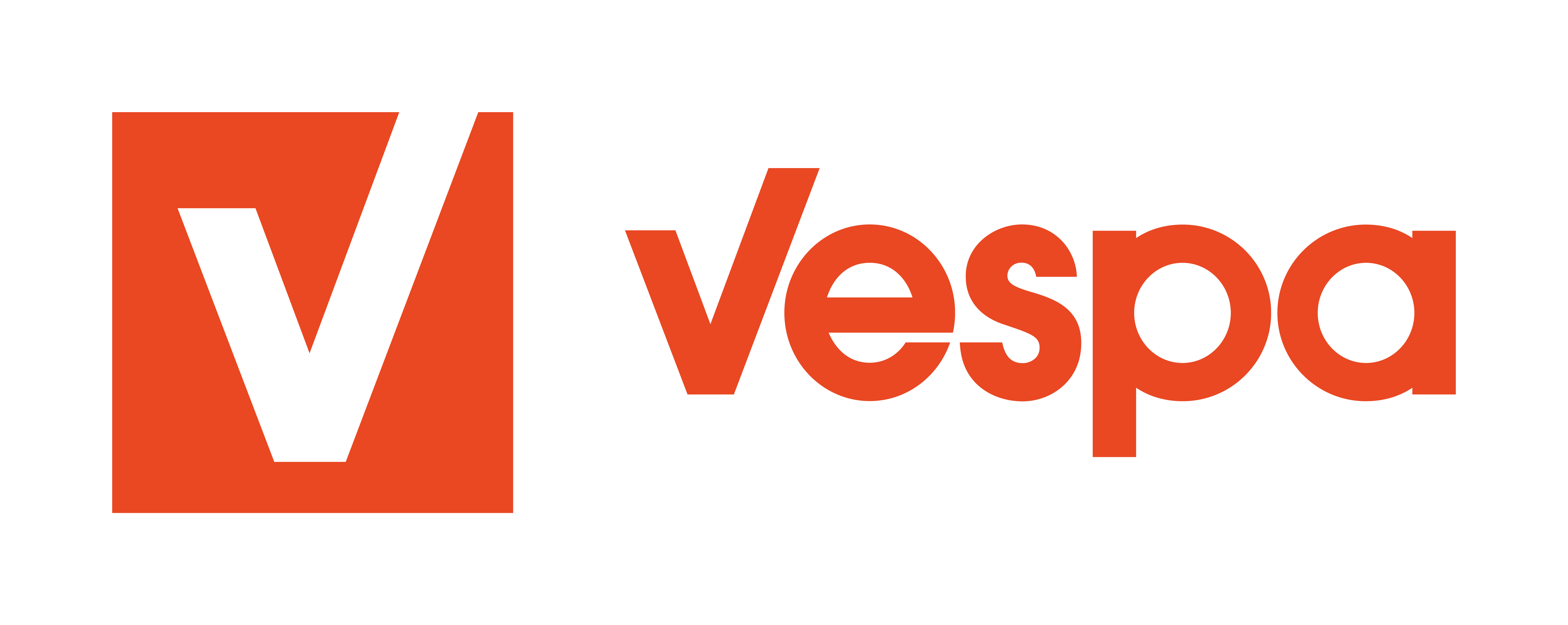 Vespa red logo in a horizontal layout with bold red text and check mark icon on a white background.