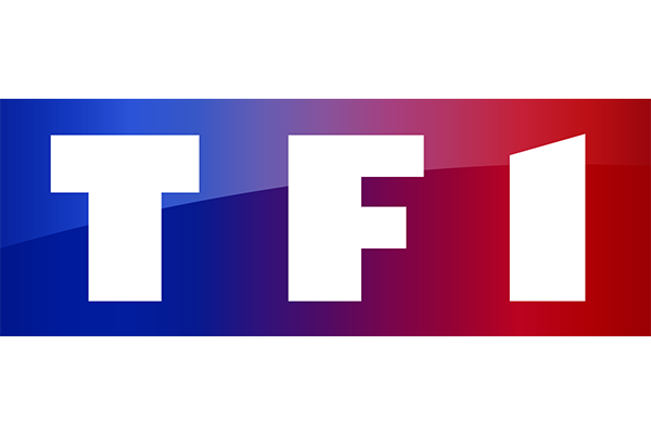 TF1 logo in white on a blue, purple, and red gradient background.