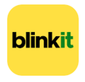 Blinkit logo with black and green text on a yellow square background.