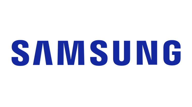 Samsung blue logo on transparent background