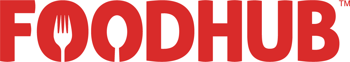 The FoodHub logo in red, featuring bold text with a fork and knife icon integrated into the 'O's, on a transparent background.