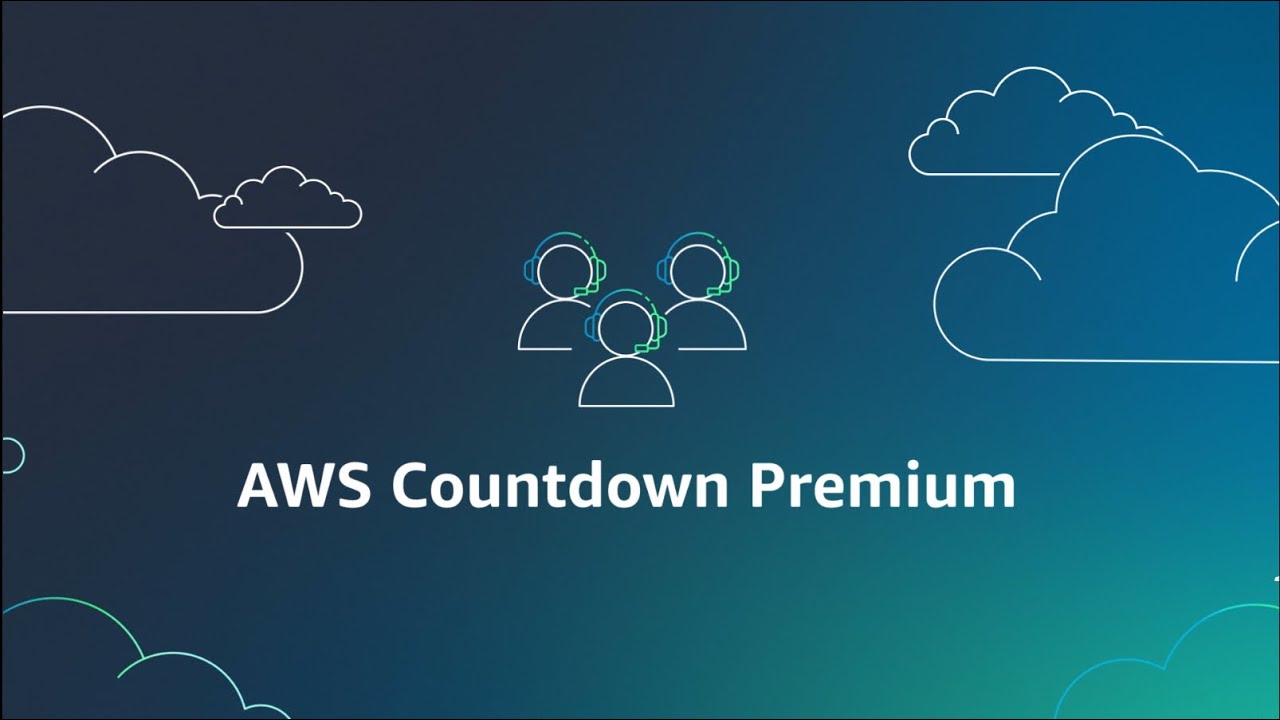 Illustration showing AWS Countdown Premium, featuring three headset icons and cloud graphics, representing AWS Premium Support services.