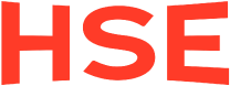 Logo of HSE Munich with bold red lettering on a transparent background.