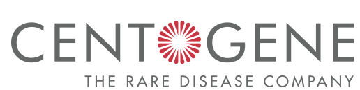 Logo of CENTOGENE, the rare disease company, featuring the company name with a red flower-like symbol as the 'O' and the tagline 'THE RARE DISEASE COMPANY' beneath.