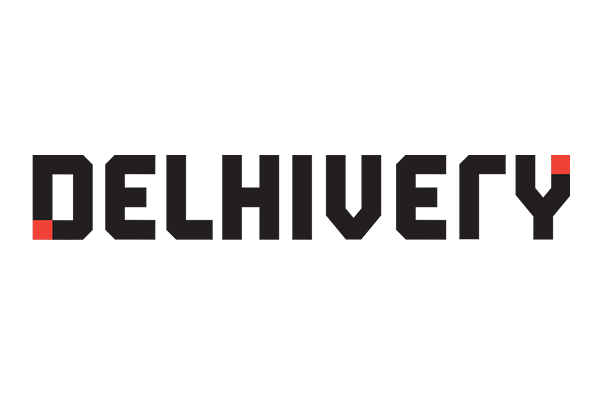 Delhivery company logo in black font with red accents on a white background.