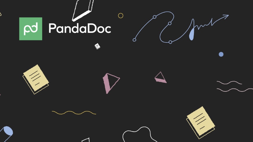 The PandaDoc logo on a dark background with illustrated books, geometric shapes, and abstract lines.