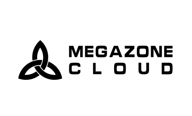 Megazone Cloud logo featuring black text and a unique black symbol on a white background.