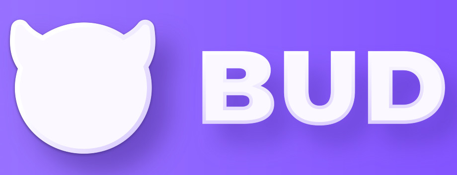 BUD logo featuring a white stylized character head and the word 'BUD' in bold white letters on a purple background.