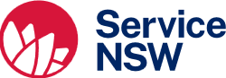 Service NSW logo featuring a red circular icon with a stylized white graphic and the text 'Service NSW' in blue.