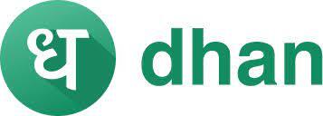 Dhan logo featuring green text and a green circle with a stylized character inside.