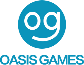 Oasis Games logo in blue, featuring a stylized 'og' inside a circle above the text 'OASIS GAMES'.