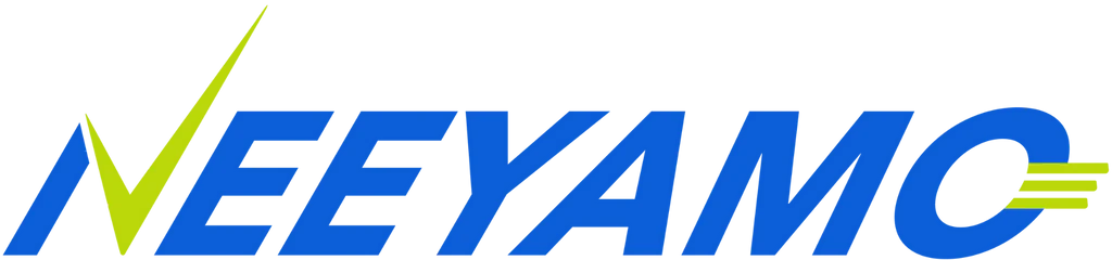 Neeyamo company logo in blue and yellow with stylized text and checkmark design.