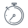 A simple line drawing of a stopwatch, commonly used to represent time, speed, or quickness.