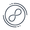 A minimalistic line art icon depicting an infinity loop surrounded by circular lines on a transparent background.