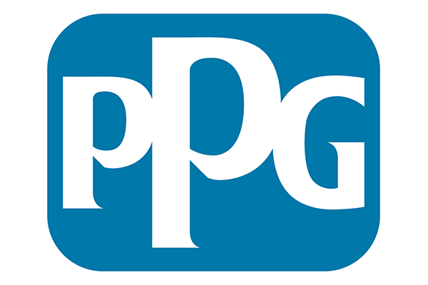 PPG logo with white letters on a blue rectangular background.