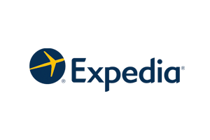Expedia logo featuring a stylized yellow airplane icon within a blue circle next to the word 'Expedia'.