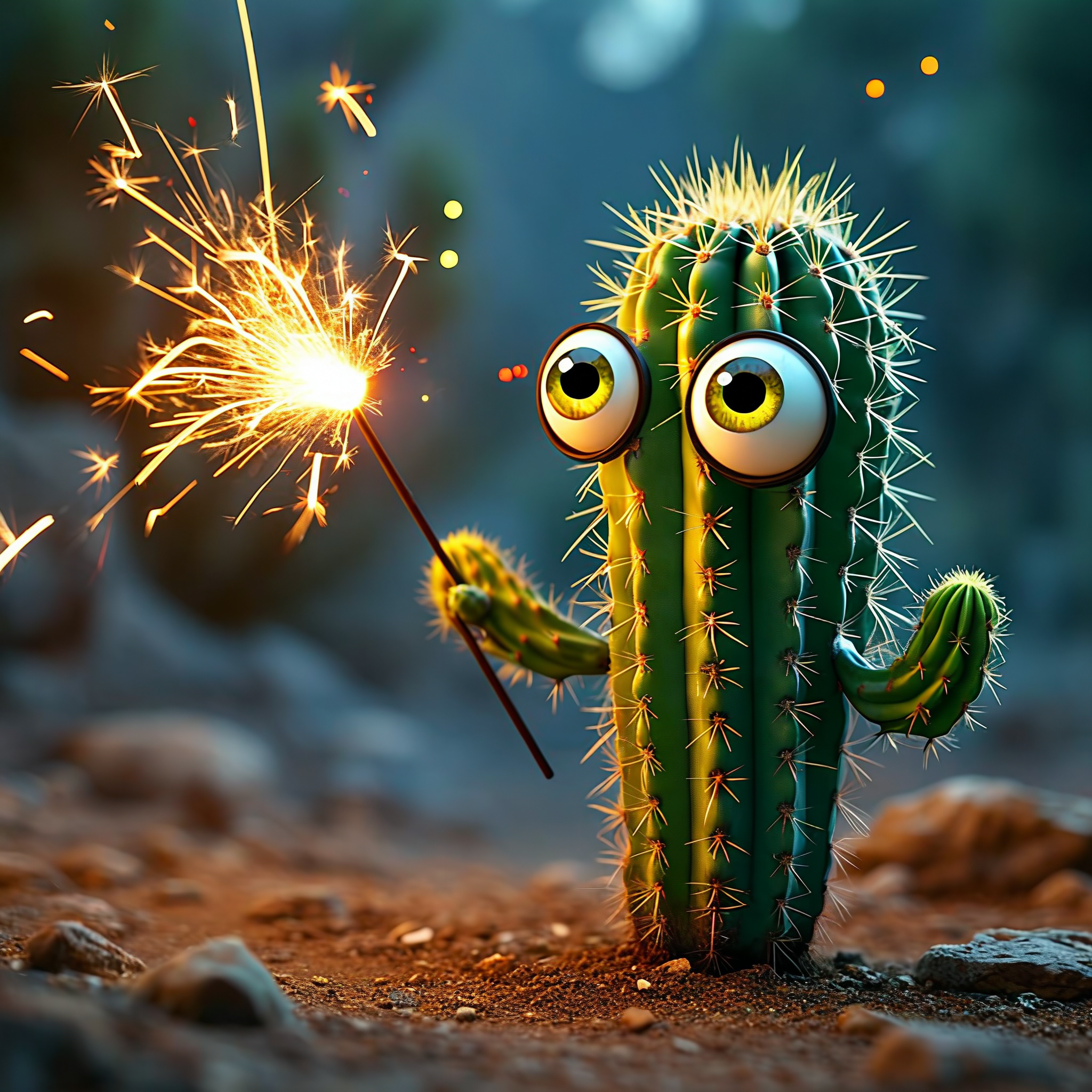 A cartoon-style cactus with large, expressive eyes holding a lit sparkler in a desert setting.