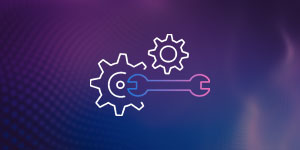 An abstract illustration of interconnected gears and a wrench on a purple gradient background, symbolizing artificial intelligence, automation, and machine learning technology solutions.