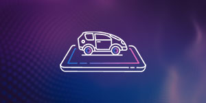 White vector outline of a car on top of a tablet device, set against a purple and blue gradient background representing AI and machine learning for the automotive industry.