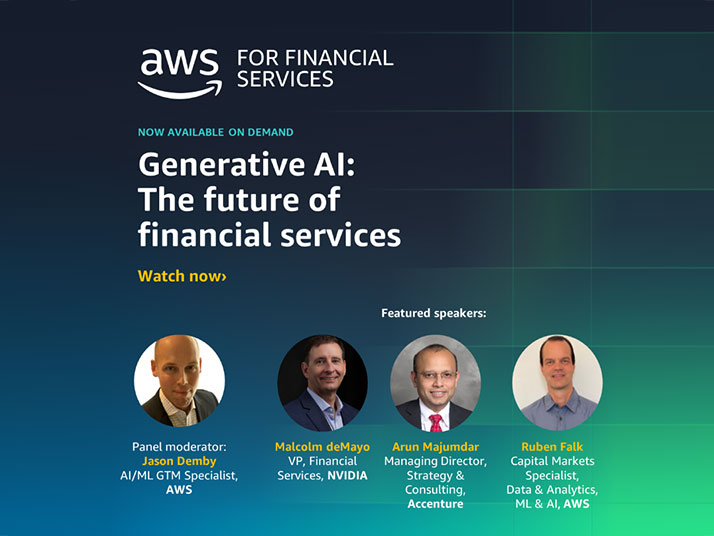 Promotional image for an AWS on-demand session titled 'Generative AI: The future of financial services', featuring speakers and panel moderator from AWS, NVIDIA, and Accenture.