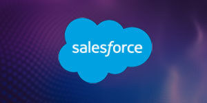 The Salesforce logo displayed on an abstract purple background with light gradient and circular patterns.
