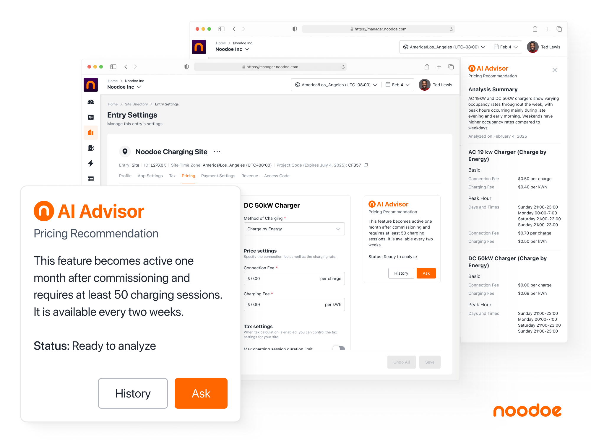 Screenshot of the Noodoe AI Advisor dashboard showing pricing recommendation features for charging sites. The dashboard provides analysis summaries, pricing recommendations, and status updates for electric vehicle charger pricing management.
