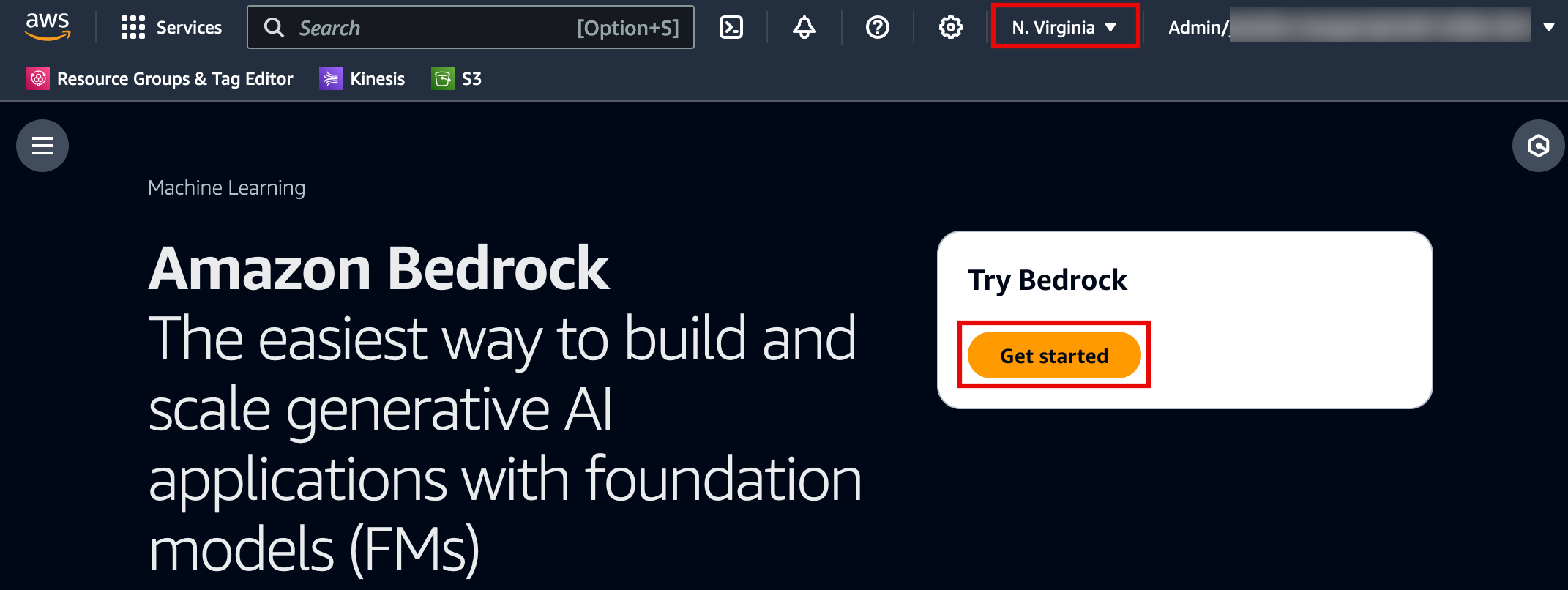 Screenshot of the Amazon Bedrock console showing the welcome screen to build and scale generative AI applications with foundation models (FMs), featuring a 'Get started' button as part of a serverless web app tutorial (Module 2).