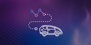 Illustration of a car with a connected data path and digital nodes on a purple abstract background, representing artificial intelligence solutions in automotive and travel.