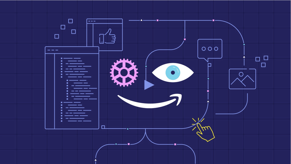 Abstract illustration of artificial intelligence personalization, featuring a stylized face composed of code, icons, gears, and user interface elements, representing AI-driven personalization and technology. The artwork includes visual elements such as a gear, code, chat, image icons, and user interaction symbols on a blue grid background.