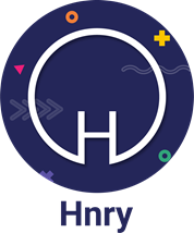 Modern circular logo for Hnry with colorful geometric accents and 'Hnry' text beneath the stylized 'H' and circle design.