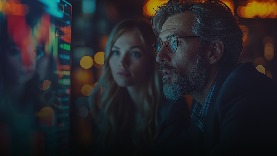 Two professionals focusing intently on data visualizations displayed on a monitor in a modern office setting, with warm ambient lighting in the background.