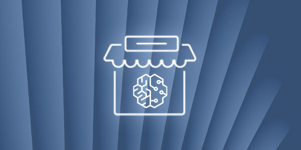 A stylized line icon of a retail storefront with a machine learning brain symbol inside, representing generative AI in retail on a blue abstract background.