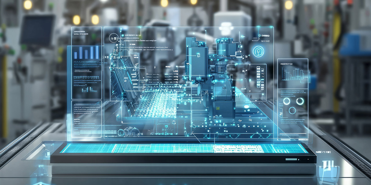 A futuristic digital interface displaying holographic data and machinery schematics in a high-tech industrial setting.