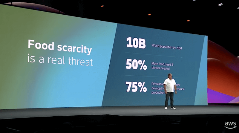 A presenter stands on stage next to a large screen displaying statistics about food scarcity, including "10B world population by 2050," "50% more food, feed & biofuel needed," and "75% of freshwater resources devoted to livestock production."