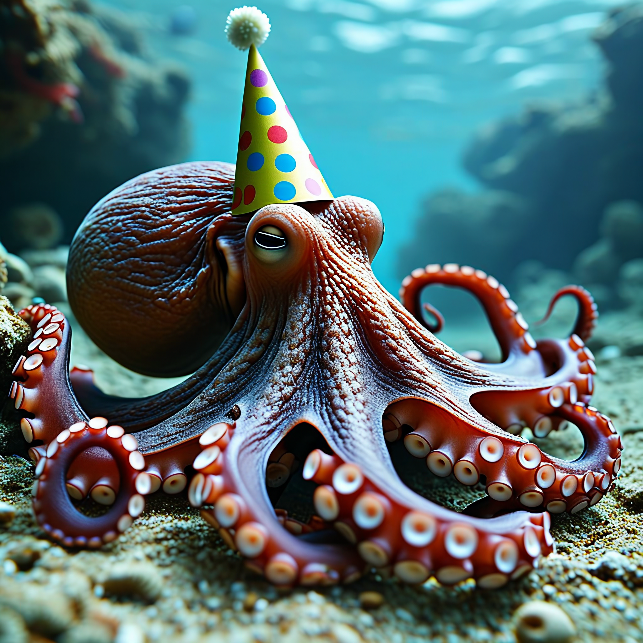 An octopus underwater wearing a colorful polka-dotted party hat.