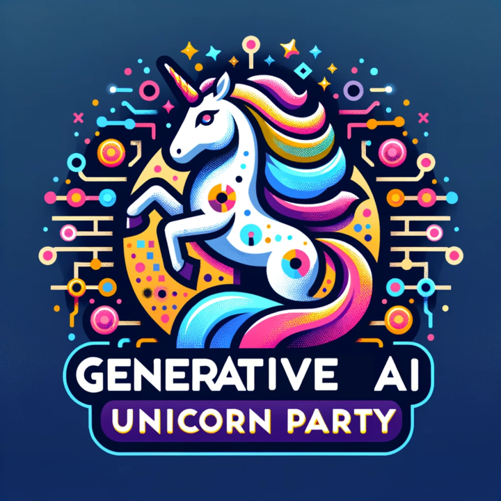 Logo for the AWS Generative AI Unicorn Party featuring a colorful, stylized unicorn with a vibrant mane, surrounded by abstract, tech-inspired elements and the text 'Generative AI Unicorn Party' on a blue background.