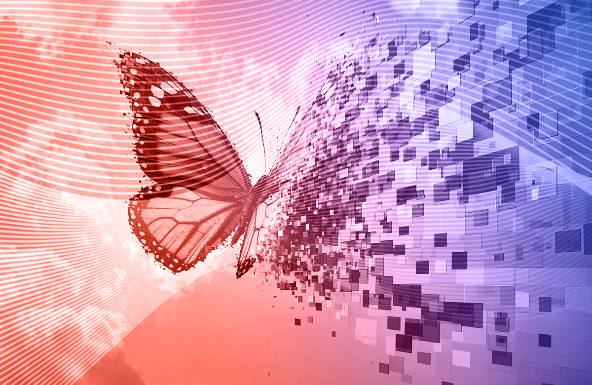 A stylized image of a butterfly partially dissolving into digital pixels and geometric shapes, representing digital transformation and the intersection of nature and technology.
